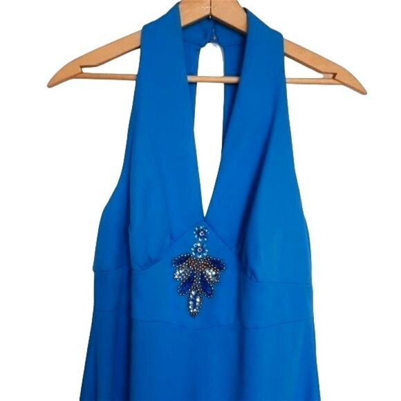 Vintage Beaded Halter Dress Full Length Turquoise Blue Circa early 1970's - Picture 2 of 10